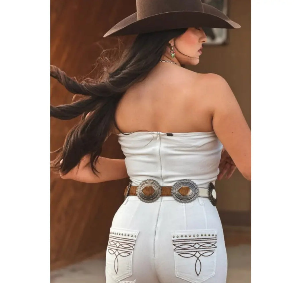 Ivory Jumpsuit Stretch Denim Boot Stitch Strapless