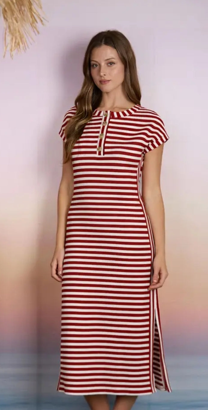 RED/WHITE HENLEY Midi Dress