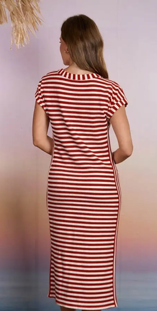 RED/WHITE HENLEY Midi Dress